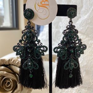 Black Fringe Tassel Earrings with Rhinestones